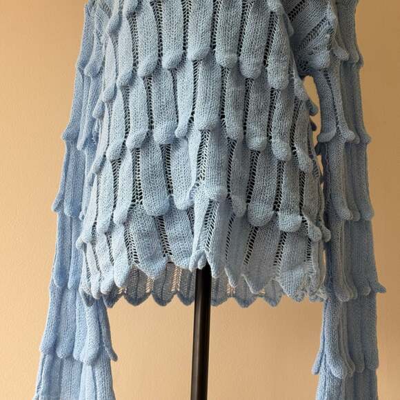 Light Blue Women's Open Knit Scallop-Trim Sweater - Picture 8 of 13